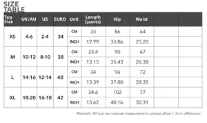 Detailed size guide table for women's long sleeve sweatshirt and shorts set with UK US EU units