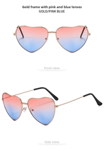 Detail of heart-shaped sunglasses with gold metal frame and pink blue gradient lenses