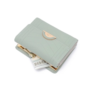 Light green striped tri-fold wallet for women with metal clasp and V-quilted texture