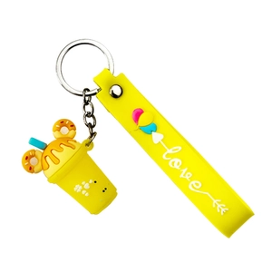Creative yellow drink cup keychain with donut lid and soft rubber love wrist strap