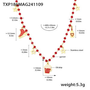 Detailed size specifications for gold stainless steel necklace with red garnet beads and charms