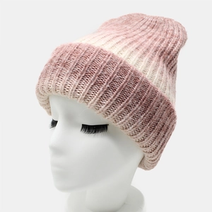 Women's warm tie-dye gradient knit hat with pink and beige ribbed texture