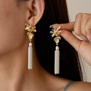 Boucles D Oreilles Pendantes Fleur À Franges Avec Künstliche Perle Fantaisie Strass Alliage Tige En Argent 925 Élégant Femmes