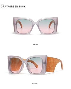 Front and 45-degree side views of square oversized sunglasses in gray green pink gradient