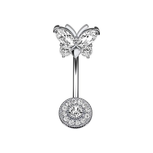 Elegant butterfly belly button ring with silver plating and sparkling zircon stones