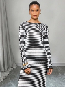 Robe longue moulante à rayures pour femme avec col rond et manches longues