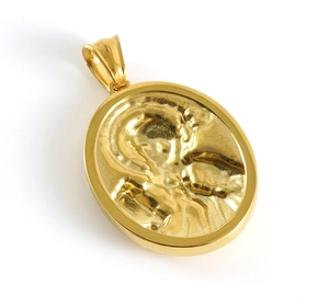 Close-up of 18k gold plated 3D oval relief pendant with religious motif and 45-degree angle