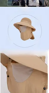 Detail of khaki sun hat with breathable mesh face mask and long neck protective flap