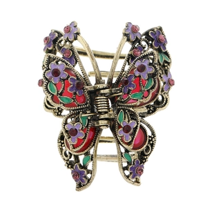Vintage metal butterfly hair claw with red translucent wings and purple flower details