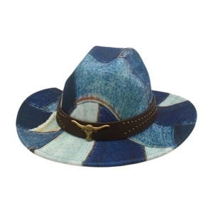 Western Cowboy Hat Retro Patchwork Denim Cotton Polyester With Faux Leather Rivet Band And Gold Bull Head Badge