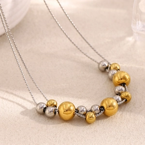 Double layer 18K gold plated stainless steel necklace with gradient polished beads