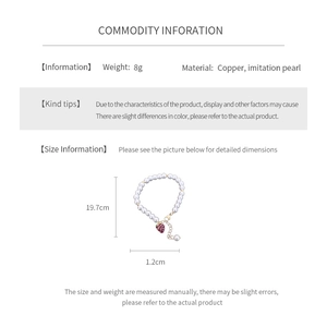 Detail specifications of strawberry charm bracelet made with copper and faux pearls
