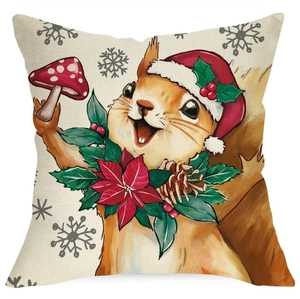 Christmas squirrel illustration pillow cover made of premium linen texture fabric