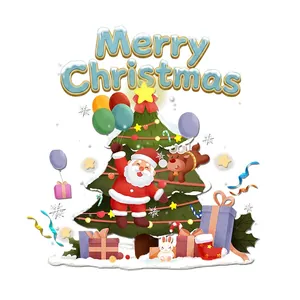 Cartoon Merry Christmas window decals with Santa, reindeer and decorated tree