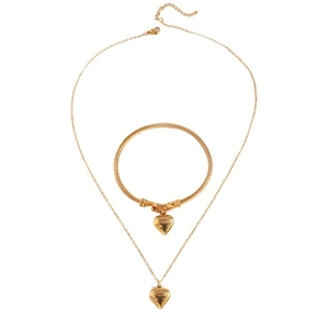 Elegant gold titanium steel jewelry set featuring a twisted bangle and heart charm necklace