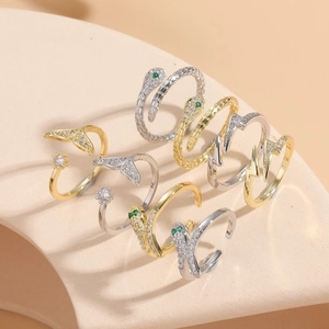 Luxurious adjustable zircon ring set featuring snake and fishtail designs in gold and silver