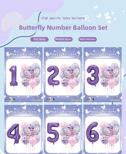 Detail of pink and purple butterfly foil balloons and number balloon kits for birthday party