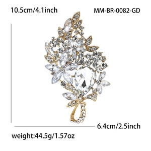 Exquisite gold alloy crystal flower brooch with large water drop stone and size markings