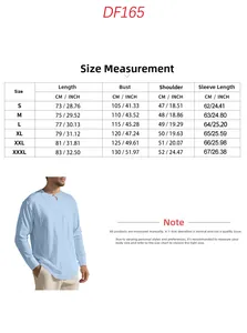 Detailed size chart for men's linen Henley shirt showing CM and INCH measurements