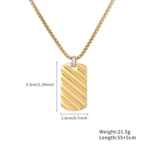 Men's gold rectangle pendant necklace with diagonal texture on stainless steel box chain