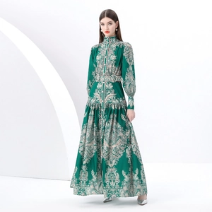 Vintage dark green paisley printed maxi dress with stand collar and lantern sleeves