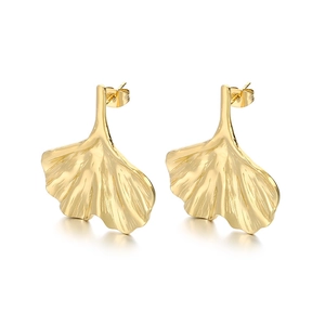 Elegant gold ginkgo leaf stainless steel earrings with detailed vein texture for women