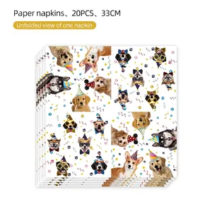 Dog themed party napkins with colorful puppy prints for pet birthday supplies