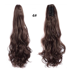 Detailed close-up of dark brown long wavy ponytail with high-quality claw clip attachment