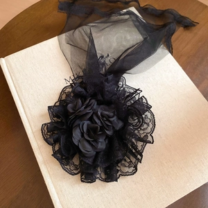 Detail of Gothic Lolita hair clip with black roses, lace trim and long mesh veil veil