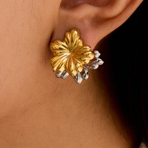 Boucles d'oreilles fleurs bicolores modernes en acier inoxydable poli or et argent