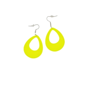 Detail of neon yellow teardrop earrings with a hollow design and silver hooks
