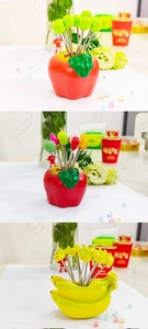 Creative fruit fork set with strawberry and apple shaped base and stainless steel picks