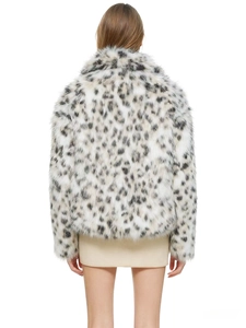 Close-up back view of thick leopard print faux fur coat with soft fluffy texture details