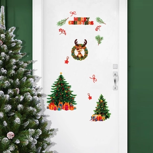 Christmas wreath door decal set with Merry Christmas text and festive tree stickers