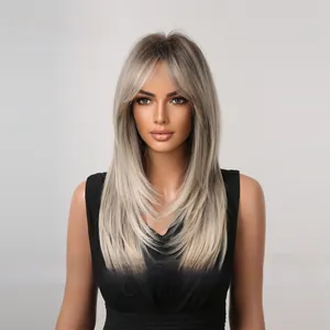 Detail showing gradient ash blonde long straight wig with curtain bangs on model