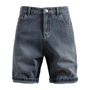Men's retro starry pattern denim shorts in washed dark grey blue with herringbone texture