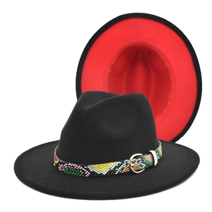 Two-tone wool fedora hat in black and red with snake print band and gold buckle