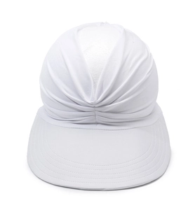Detailed close-up of white sun visor hat with multi-row stitching and pleated design