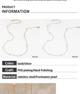 Detail view of gold and silver stainless steel necklaces with freshwater pearls and PVD plating