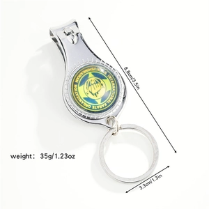Detail view of steel nail clipper keychain with dimensions 8.8cm and karate logo