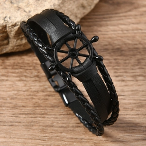 Retro black leather multi-layer bracelet with ship wheel alloy charm on natural stone