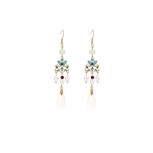 Detail of Chinese style butterfly earrings with pearl tassels and blue enamel in gold finish