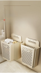 Wall-mounted cream foldable laundry basket with breathable mesh and adhesive hooks