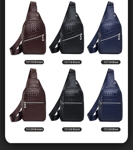 Detail view of men's woven texture PU leather sling bags in black, brown, and blue colors