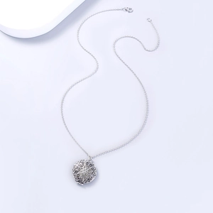 Dettaglio di un medaglione rotondo traforato in argento con motivi intricati su bianco