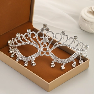 Masque de Mascarade en Alliage Argenté Strass Luxe Vintage Avec Glands Gouttelette Coiffe Couronne de Mariée Pour Mariage Fête Femme
