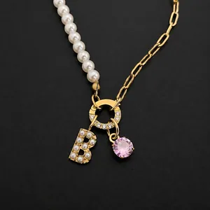 Collar con Colgante de Letra de Perla Artificial Asimétrica de Acero Inoxidable Con Diamante de Imitación y Piedra Rosa Joyería DIY Para Mujer
