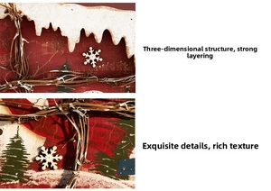 Macro view showing the 3D wood texture and handcrafted rattan on the Christmas wall hanging