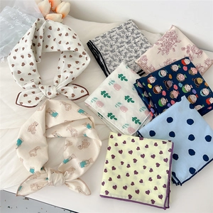 Chic cotton linen small square scarves with floral and heart prints for women's styling