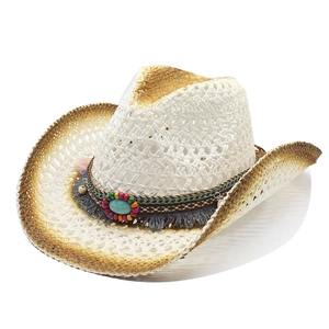 Chapeau de cowboy en paille tissée bohème avec perles turquoise et pompon pour la plage